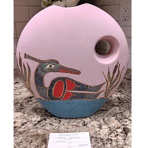 Northwest Coast Ceramic Art Vase Loon Image signed Ruby Joseph Canada Aboriginal